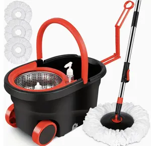 Set of Mop And Bucket, Including a Spin Mop And Wringer, Designed for Bathroom Use. This 360° Spin Mop Bucket System Comes with Three Microfiber Mop Heads And a 61-Inch Adjustable Stainless Steel Handle