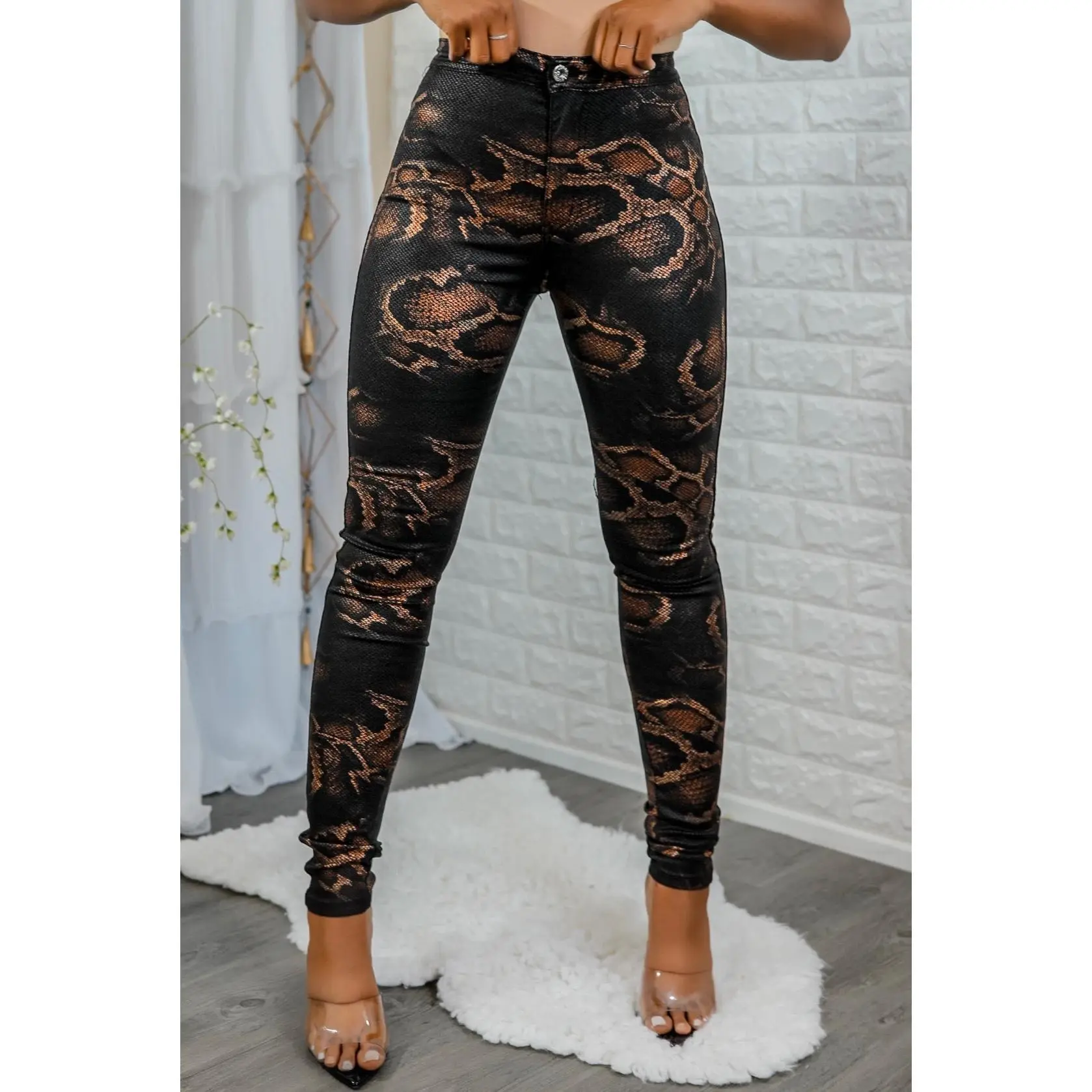 Coated Snake Print Skinny Jeans