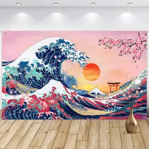 Ocean Wave Tapestry Japanese Kanagawa Backdrop Great Wave Tapestry Cherry Blossom Nature Sunset Background Wall Hanging Banner for Japanese Party Wall Home Decorations, 72.8 x 43.3 Inch