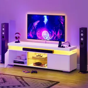 Modern White TV Stand With Charging Station & LED Lights For 55/60/65 Inch TV Entertainment Center Media Console, Furniture For Home, For Living Room