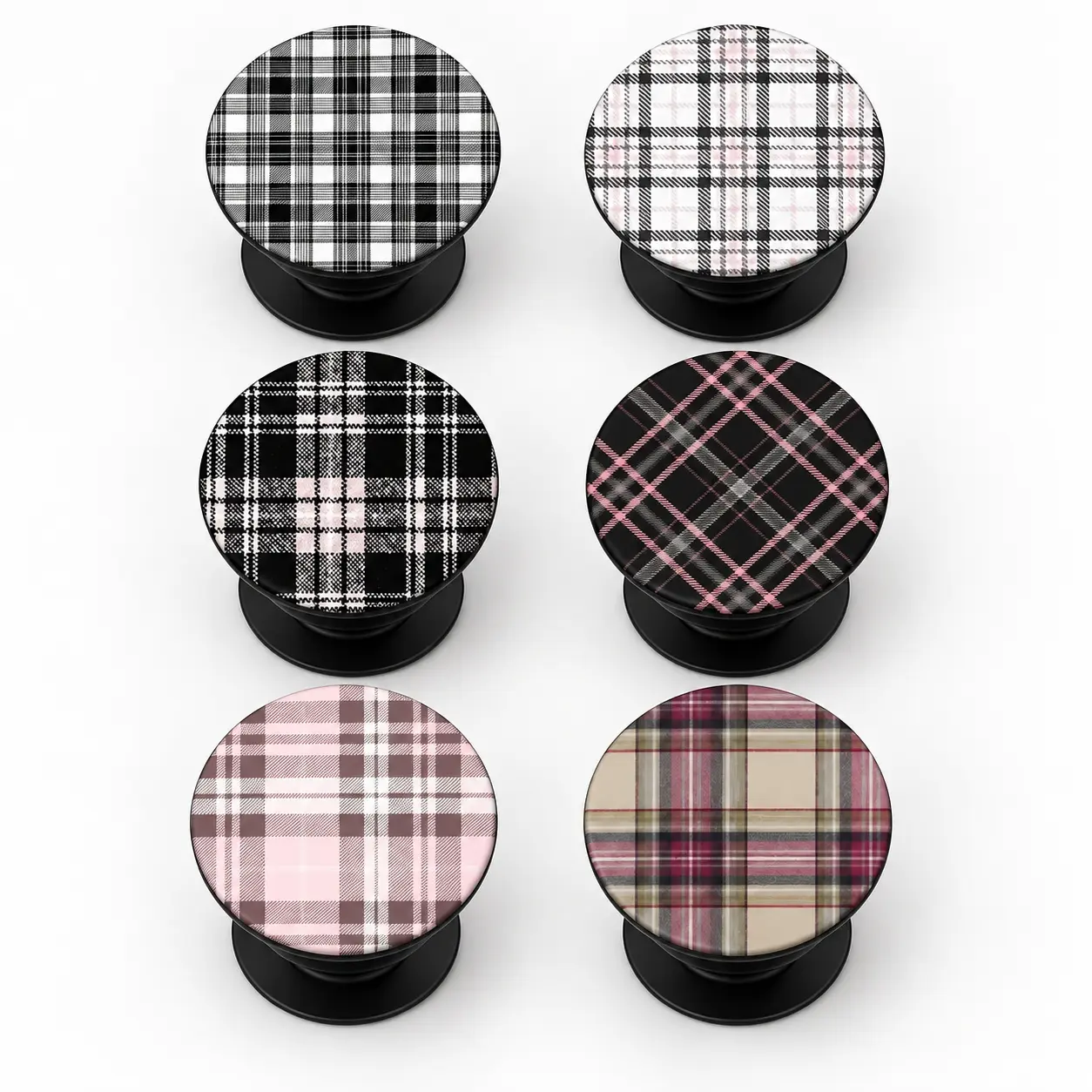 6 Style Plaid Phone Grip, Tartan Check Collapsible Phone Stand, Round Phone Holder, Pink Black Neutral Phone Accessory for Women and Girls