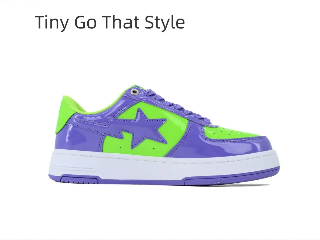 Couple Matching Low Top Casual Sneakers Shiny Purple Bright Green Patent Leather Shoes Contrast Star Patch Non Slip White Midsole Retro Street Footwear