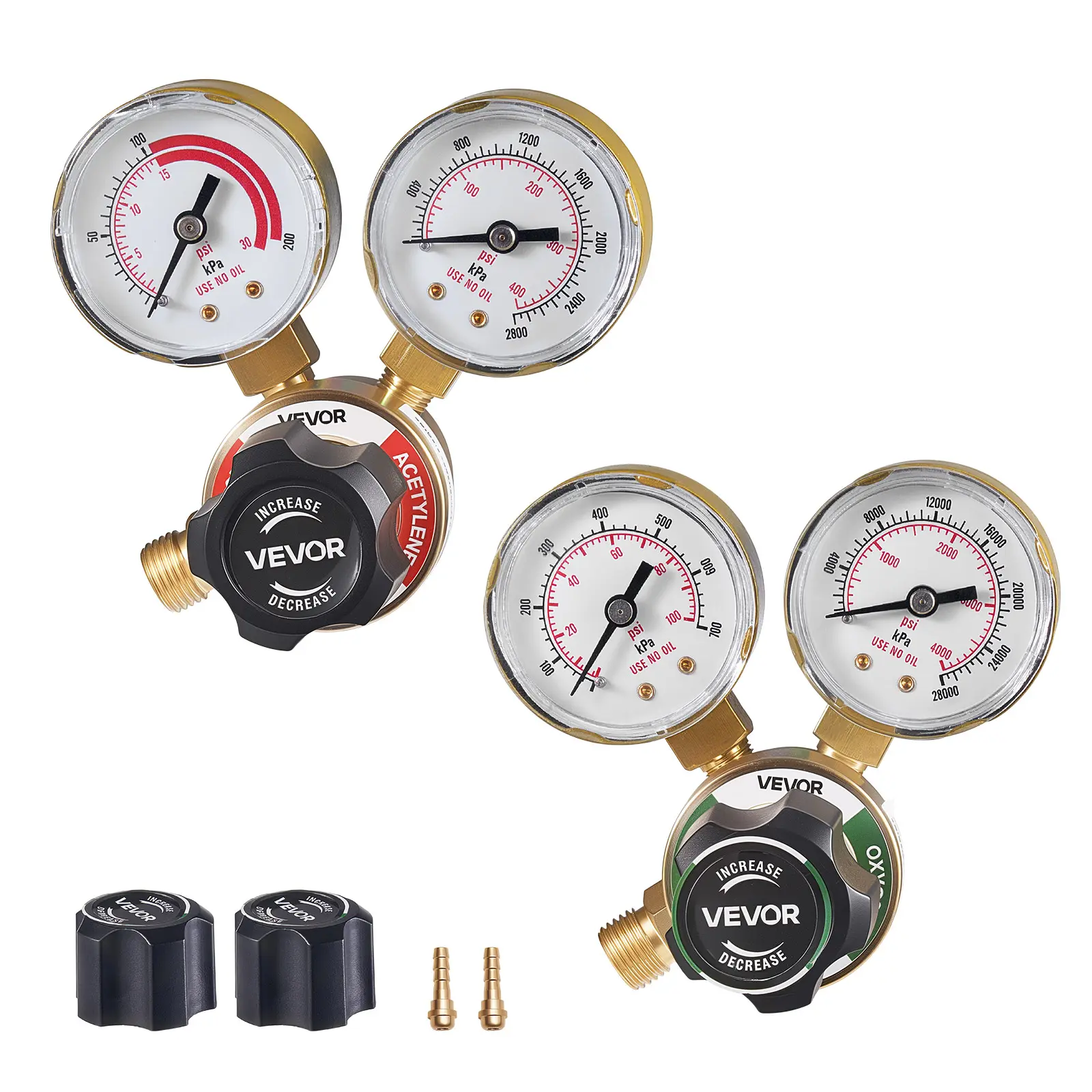 VEVOR Oxygen Acetylene Regulator Set, Oxy-Acetylene Regulators, 0-4000PSI and 0-400PSI Welding Gas Gauges with CGA-540/CGA-200 Inlet Connection & 9/16"-18 Outlet Connection, PC Knob Adjustment