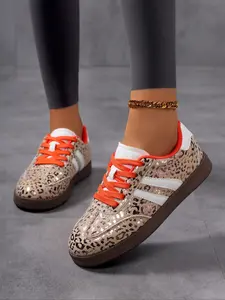 Women's Leopard Print Casual Fashion Sneakers, Lace-Up Striped Anti-Slip Outdoor Sports Shoes, Leopard Pattern, Comfortable Lightweight Construction Daily Wear, Trendy Sneakers