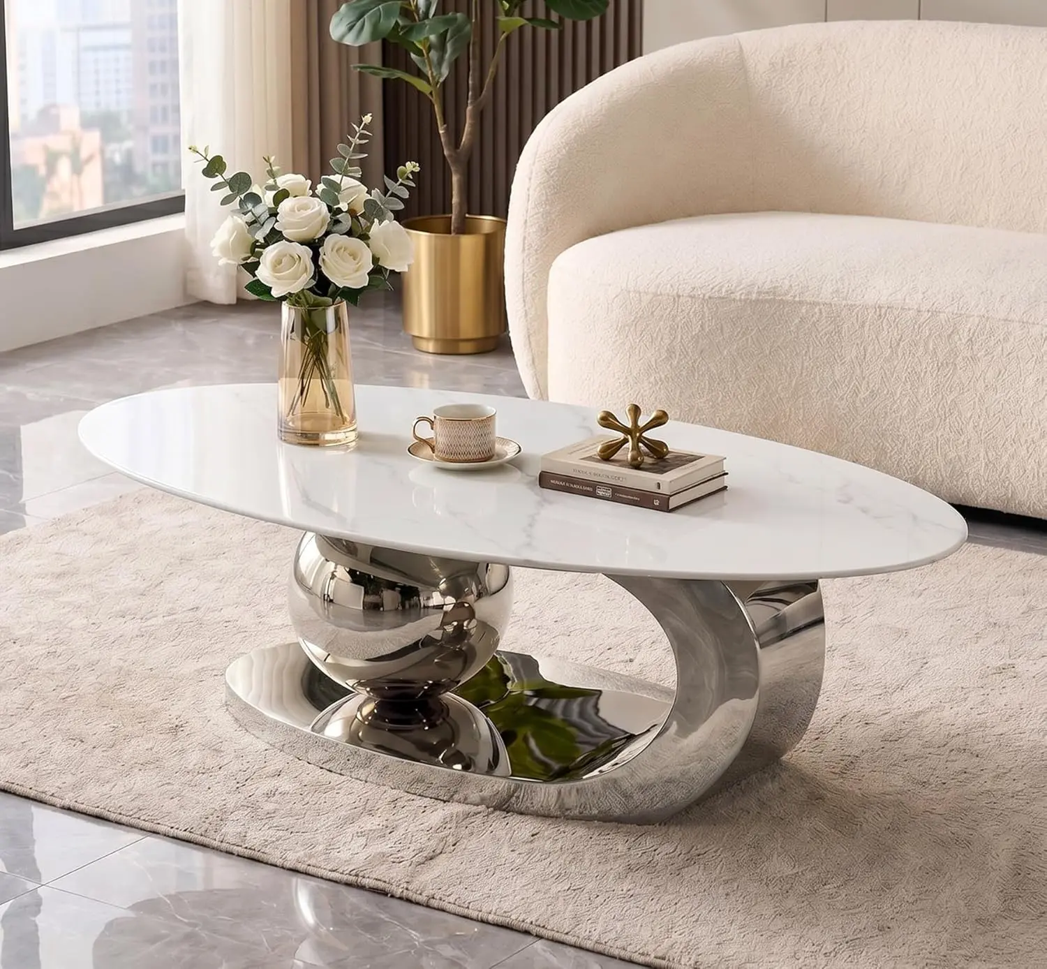 51.2-Inch Oval Marble Coffee Table with Silver Stainless Steel Base, Modern White Center Table with Marble Pattern Tempered Glass Top, Luxury Large Cocktail Tea Table for Living Room, Easy to Assemble