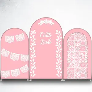 Pink Cielito Lindo Arch Backdrop Cover with White Leaf Border for Baby Shower Decor
