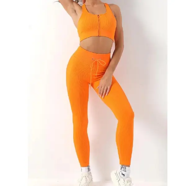 Women's 2pcs Slim-fitting Full Zip Up Ribbed Seamless Yoga Workout Exercise Set, Zipper Top High Waist Pants Sport Suits Active Set, Drawstring Leggings Sportsuit, Hip Lifting Workout Clothes