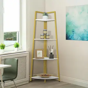 CAPHAUS Tall Corner Shelf Stand, 4-Tier Display Shelves, Ladder Corner Wood Storage Plant Bookshelf with Metal Frame, Versatile Shelving Unit Bookcase for Home Office Space, Gold