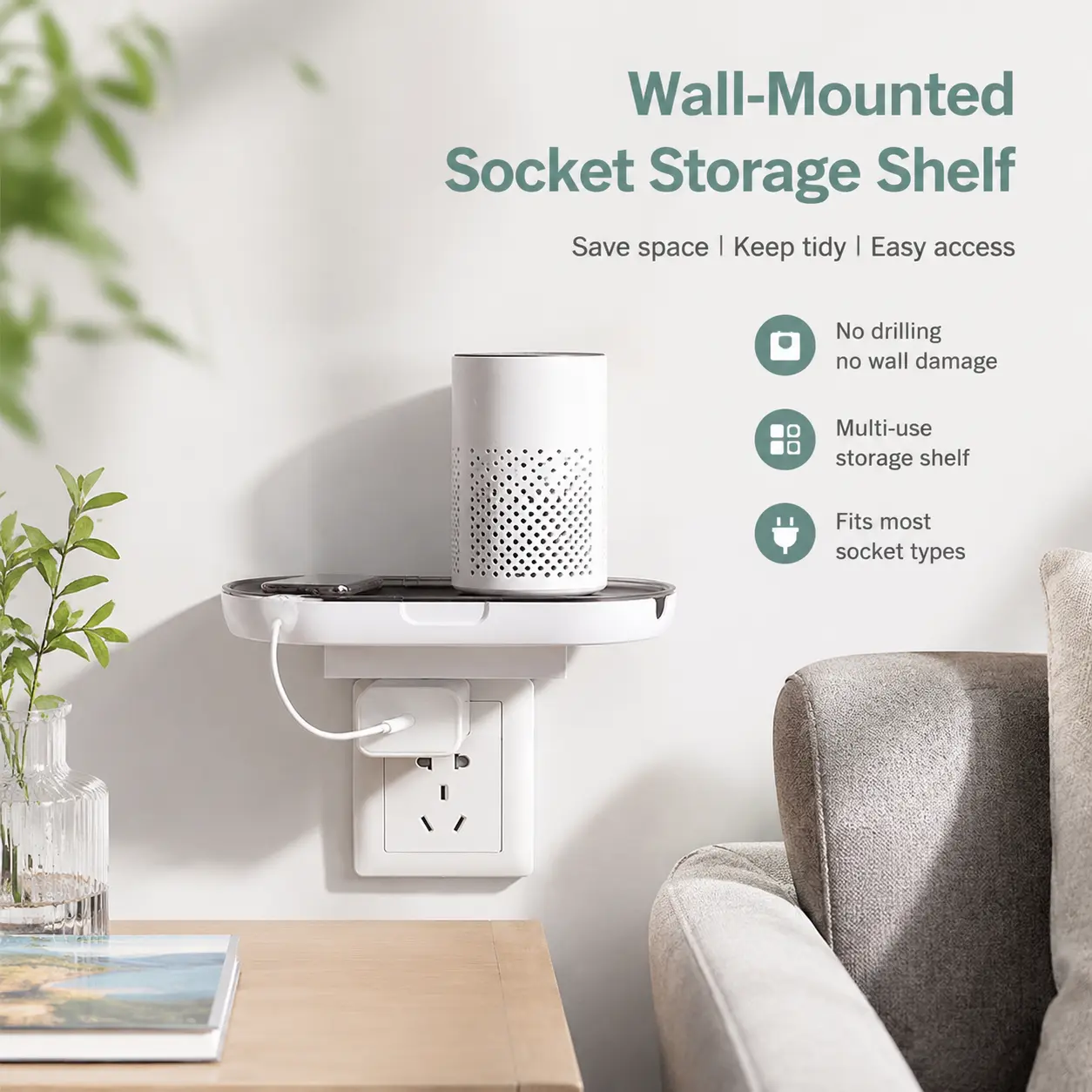 1-Layer Wall Mounted Socket Storage Rack - No Drilling, No Glue Residue, Space-Saving Shelf Unit for Home Decor, Router, Small Household Items with Cord Pass-Through Shelves
