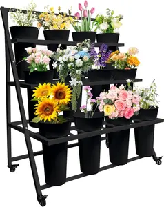 Flower Display Stand with 12 Buckets, Flower Cart 3 Layers, Flower Stand Metal with Wheels, Moving Florist Bouquet Shelf, Triangular Rack Black