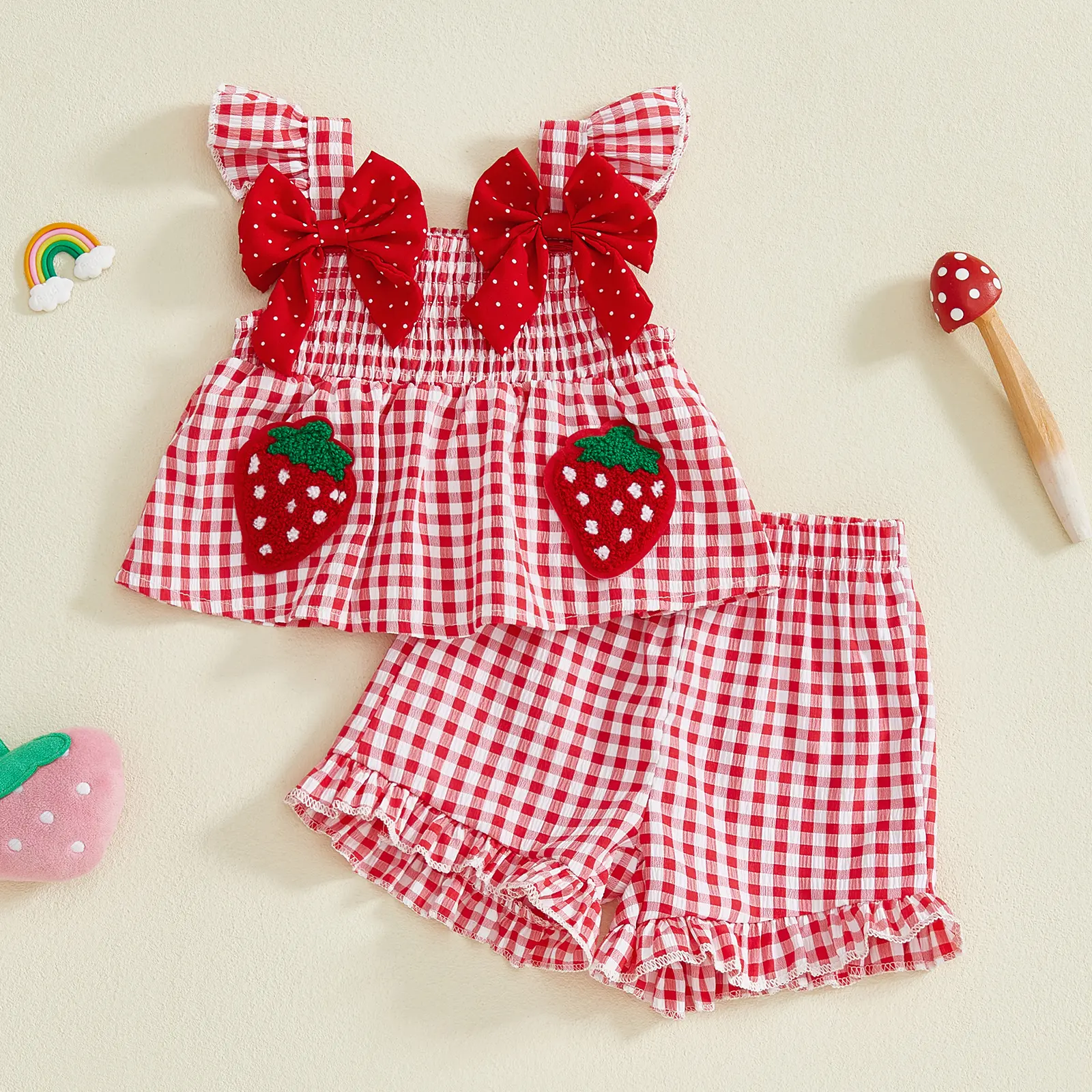 Girls' Polyester Summer 2-Piece Clothing Set - 12-18 Months, Plaid Print, Strawberry-Embroidered Ruffled Tank Top, Bow Trim Shorts (Baby Gifts Set)