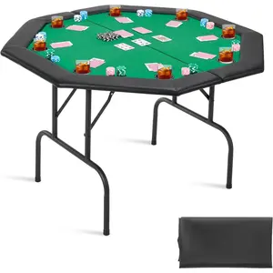 Father's Day Gift VEVOR Foldable Poker Table, 8 Player 48 in Folding Casino Leisure Table with Padded Rails & Cup Holders, Octagonal Portable Game Tables with Felt & Metal Legs, for Texas Hold'em Game and Blackjack