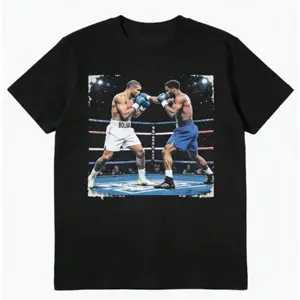 High Street Style Boxing Match Print Black  Short Sleeve Pure Cotton Loose Crew Neck Casual T-shirt