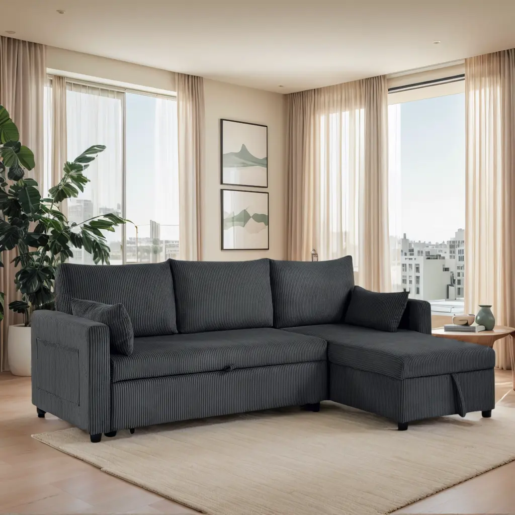 Corduroy Fabric Sofa Bed - Sturdy L-Shaped Sectional Deep Seating Cushioned Couch, 3-Seater Convertible Pull-Out Sleeper with Storage Chaise for Small Apartment, Living Room, Office