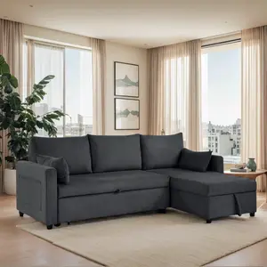L-Shaped Corduroy Sectional Sofa Bed with Storage Chaise, Pull Out Sleeper Couch with Hidden Storage, 3-Seater Convertible Sofa for Small Apartment, Living Room, Office