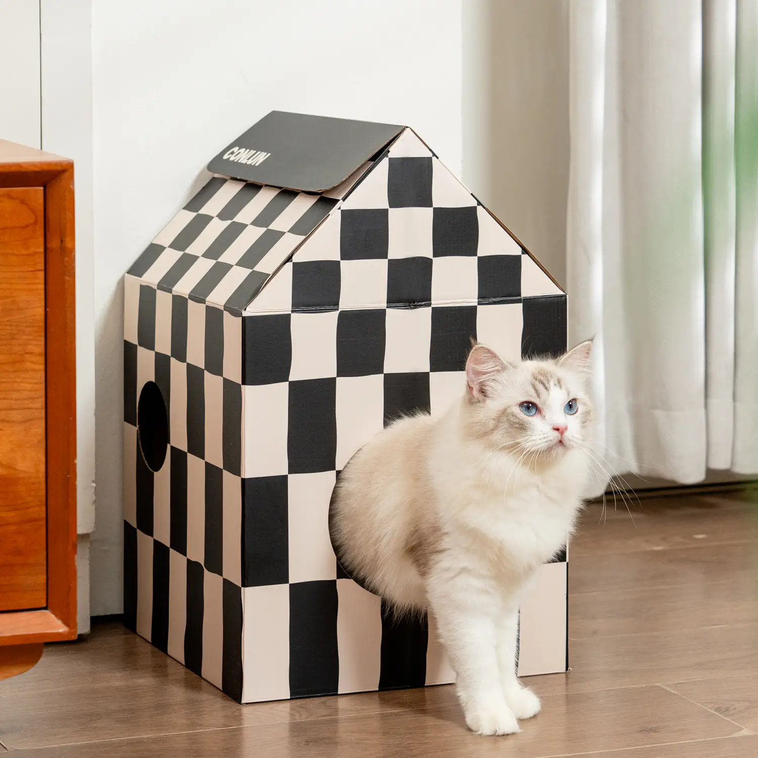 Conlun Cardboard Cat House with Cat Scratch Pad, Catnip, Easy-to-Assemble for Indoor Cats & Small Animals, Natural Pet Supplies