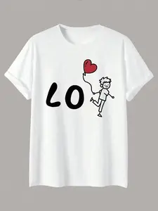 Matching Couples Graphic T-Shirt with Love Heart Cartoon Pattern, Soft Comfortable Cotton for Valentine's Day and Casual Wear, Trendy Tiktok Couple Style