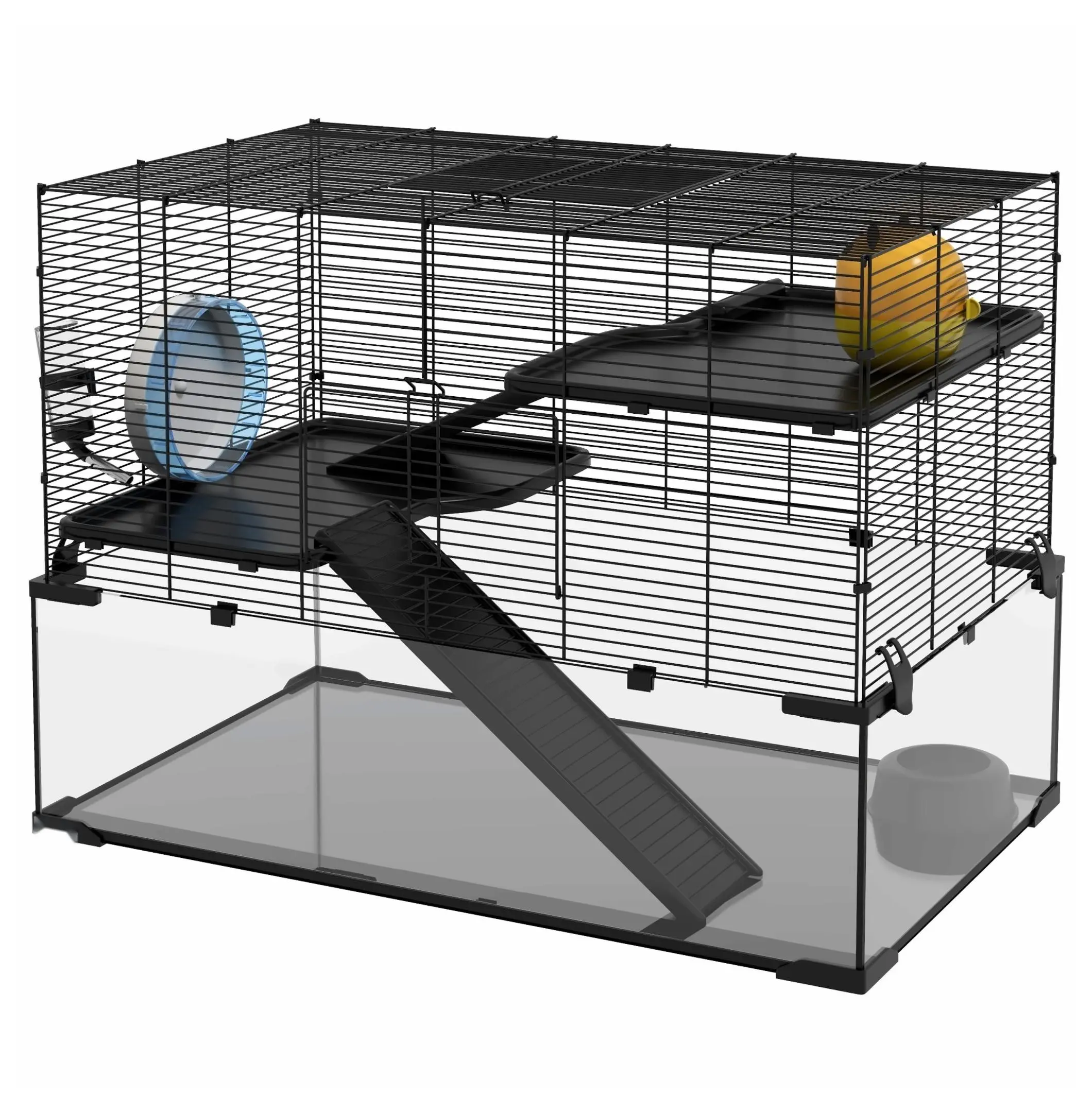 31" L x 19" W x 21.5" H Steel Gerbil Hamster Cage - Glass Basin, Ramps, Platforms, Hut, Wheel, Water Bottle, Food Bowl, Chew Resistant Small Animal Habitat