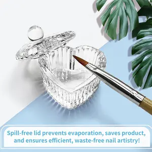 Heart Shaped Glass Dappen Dish with Lid, Crystal Nail Art Liquid Cup for Acrylic Nails, Monomer Holder, Brush Cleaner Bowl, Professional Manicure Tool, Nail Tech Supplies for Salon & Home Use