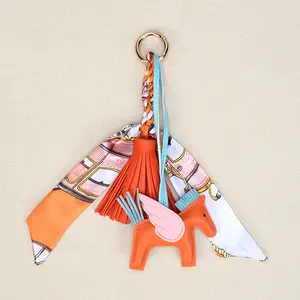 [Journey Canvas]Flying Horse Keychain – Cute PU Leather Bag Charm with Silk Scarf & Tassel, Luxury Pendant for Women’s Purse, Car Keys & Handbag Accessory Gift