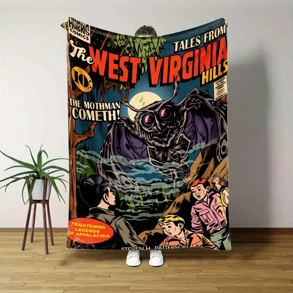 Vintage "Tales From The West Virginia Hills" Mothman Comic Print Flannel Blanket - Contemporary Style, All-Season, Living Room Decor, Ideal for Living Rooms & Sofas, Great Gift for Family (Christmas, Valentine, Thanksgiving, Father's Day)