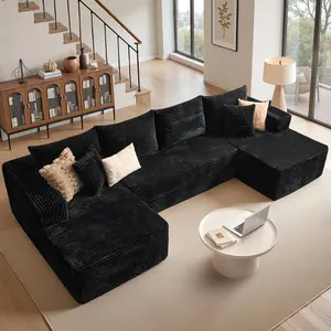 135" Modular Sectional Sofa Cloud Couch, Corduroy Memory Foam Black Sectional Couches for Living Room, Modern Deep Seat Boneless Sofa, Comfy Fluffy Plush U Shaped Couch with Chaise Lounge