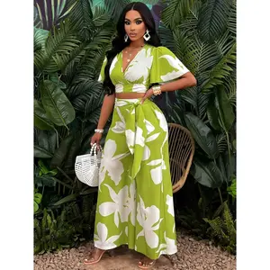 Short Tropical Print Pleated Butterfly Sleeve Shirt and Wide Leg Trousers with Tie