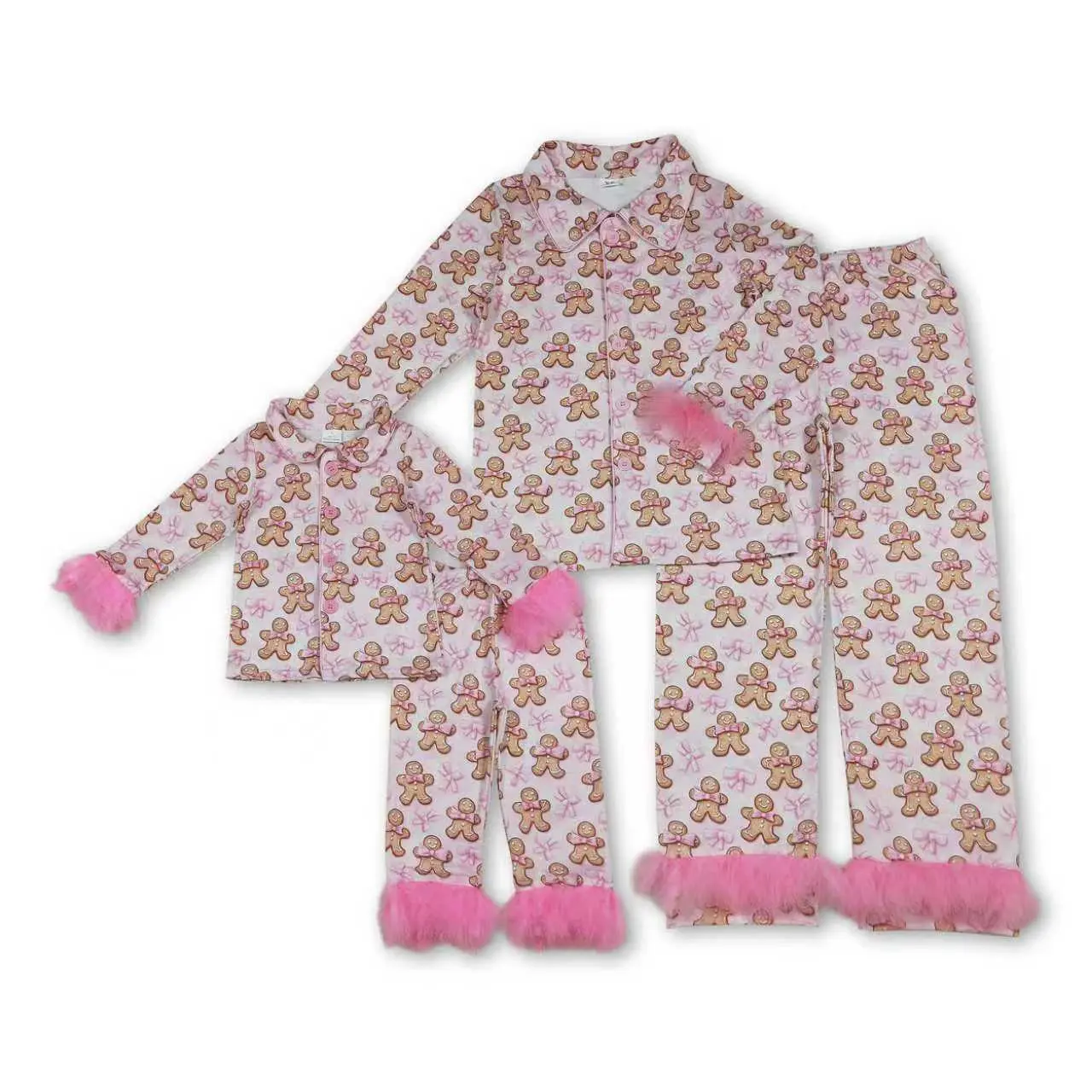Women's 2-Piece Long Sleeve Gingerbread Christmas Nightwear Set, Adult Holiday Pajamas Clothes with Ring Detail, Plus Size, Fabric