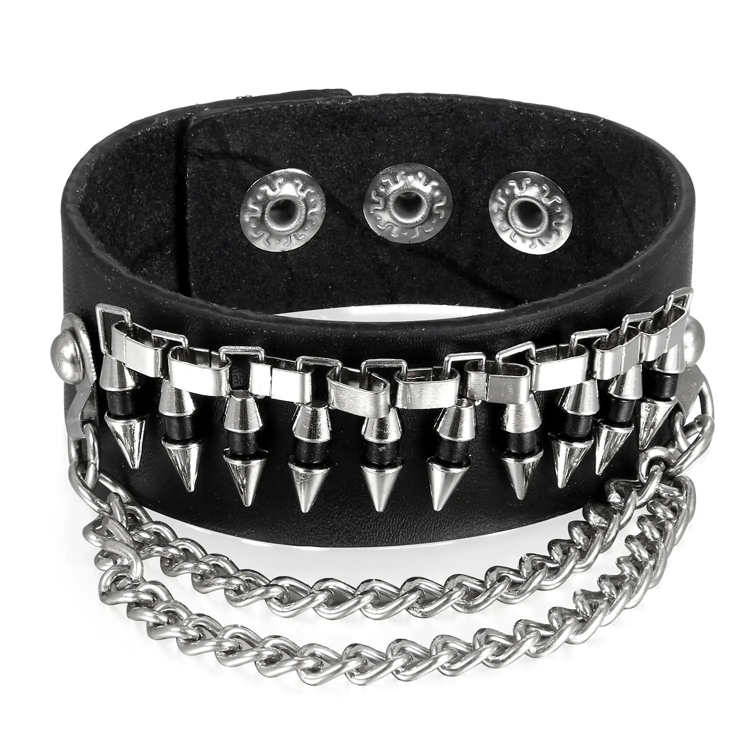 OIDEA Men's Leather-Alloy Gothic Biker Punk Cuff Bracelet, Chain Detail, Bullet Snaps, 1.02" Width, 8.66" Length, 1.18oz, Male Size, Adjustable Fit for Rock Festival Outfits