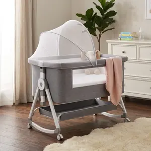 Baby Bedside Bassinet  Mosquito Net, Adjustable Height & Incline, Rocking Cradle Sleeper  Wheels & Storage, Portable Newborn Crib, Breathable & Safe Design, Space Saving Baby Bed for Travel, Modern Moms & Toddler Use Doorway Jumper with Rug