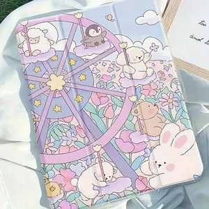 Cute cartoon animal pattern, with adjustable bracket and pen slot, foldable non-slip TPU protective case, suitable for iPad mini, iPad Air, iPad Pro/iPad 10th generation, 11th generation and other series iPad protective cases
