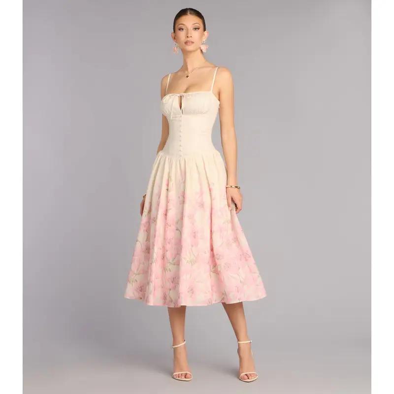 yellow floral printed dropped waist midaxi dress - TikTok Shop
