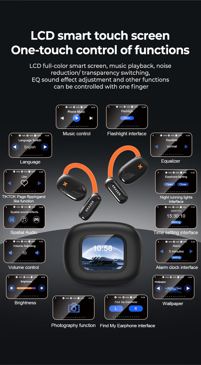 ERAZER XF33 OWS Wireless Bluetooth 5.4 Earphones Luminous Headphones HIFI Sound Quality Music Full Color Display Touch Screen Gaming Headsets Built-in Mic Earbuds Compatible with Phone Computer ERAZER XF33 OWS Wireless Bluetooth 5.4 Earphones Luminous Headphones HIFI Sound Quality Music Full Color Display Touch Screen Gaming Headsets Built-in Mic Earbuds Compatible with Phone Computer