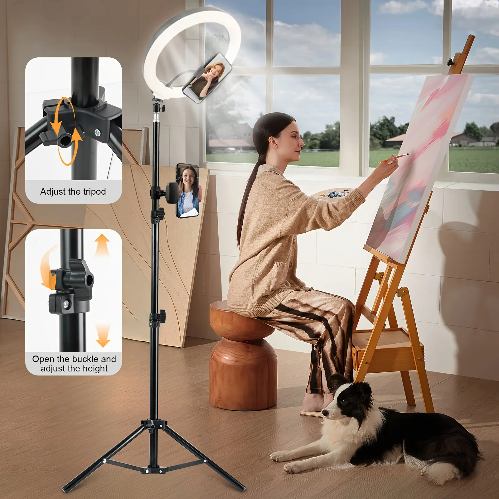 YAyusi Anello Luce 10'' Con Treppiede E Supporto Telefono – Regolabile, 3 Modalità Colore, 10 Livelli Luminosità, Per Video E Selfie
