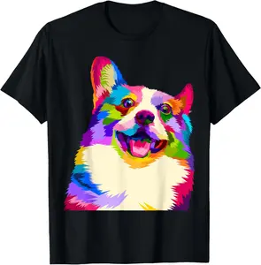 Pem Welsh Corgi Colorful Pop Art Portrait for Dog Lovers Summer Casual Shortsleeve Cotton T-Shirt