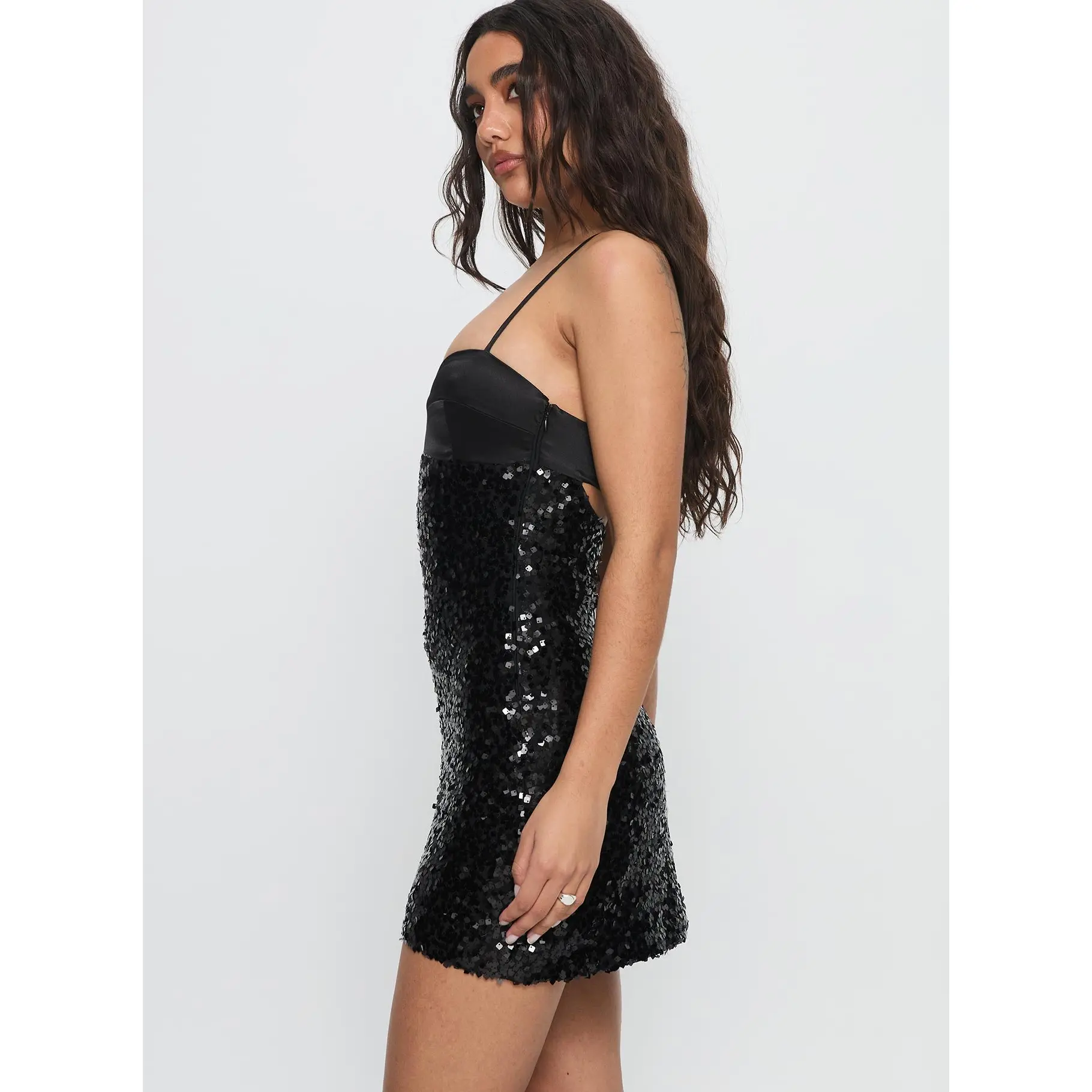 Alishia Satin Sequin Corset Mini Dress Black