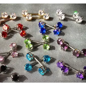 PAIR Double Round Gem 1/2" (12mm) Nipple Rings Barbells 14g 14 gauge