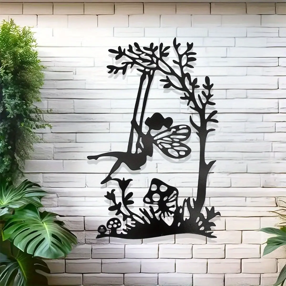 2D Flat Metal Fairy Swing Silhouette Wall Art -2D Outdoor Decoration with Fantasy Fairy, Flowers, and Mushrooms on Branches - No Electricity Required, Fairy Garden Decoration, Natural Inspiration Design, Fine Hollow Out, 2D Flat, Garden Accessories