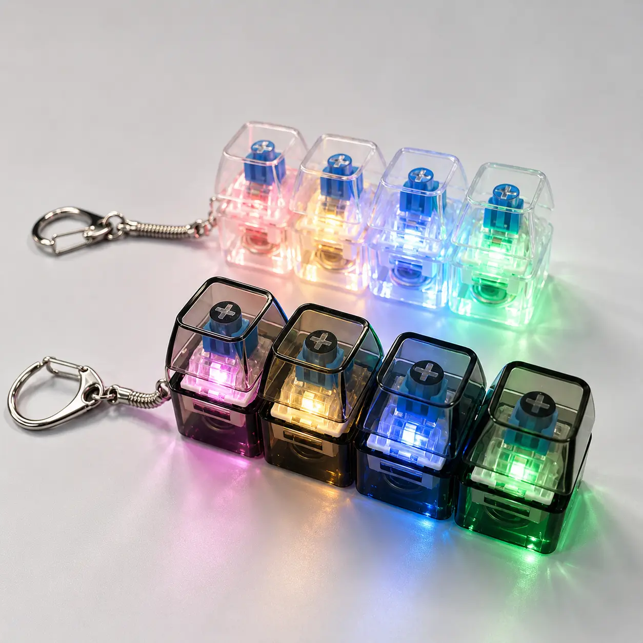 Mechanical Keyboard Fidget Toy Keychain with LED Lights, 2 Pack Clicky Key Switch Stress Relief Clicker for Anxiety Relief, Transparent Keycap Sensory Fidget Gadget, Portable Desk Toy Gift for Adults