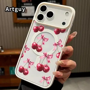 Red Cherry Bow Pattern Magnetic Phone Case for iPhone 17 16  Pro Max Plus 15 14 13 12 11 Air E Non-Yellowing Clear Crystal Drop-proof Slim Silicone Shockproof Transparent Acrylic Cover Supports Wireless Charging