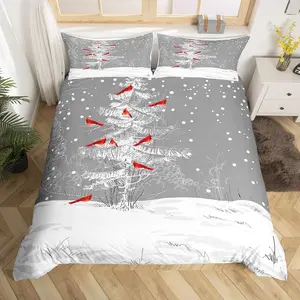 Winter Holiday Theme Christmas Duvet CoverSnowflakes Cardinals Bedspread Cover,Snowy Christmas Tree Unique New Year Quilt Cover,No Comforter