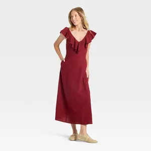Women's Ruffle Sleeve Maxi A-Line Dress - Universal Thread Maroon S