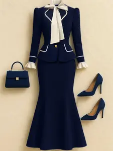 Women's Two-Piece Set, Spring New Elegant Aesthetic Fashion Commuter Party, Color-Block Long Sleeve Top & Skirt, Ladies' Casual Wear, Suits