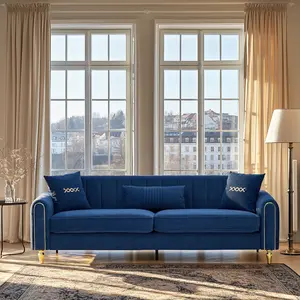 87.6" Modern Velvet Sofa Couch, 3 Seat Upholstered Sofa with Gold Metal Legs & Pillows, Luxury Tufted Couch for Living Room Apartment Bedroom
