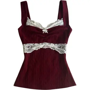 Women Tops Y2K Cute Core Vintage Aesthetic Fairy Shirts 2000s Lace Trim Tank Top Downtown Girl Clothes air Long Sleeve Deep Neck Tie