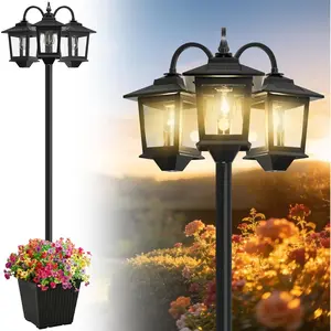 3-Head Solar Lamp Post with Planter, 74" Solar Light Flower Pot Lamp Post, 60Lm Waterproof Solar Light Poles for Outside, Garden, Patio, Yard, Driveway, Replaceable Bulb, Warm White (3000K)