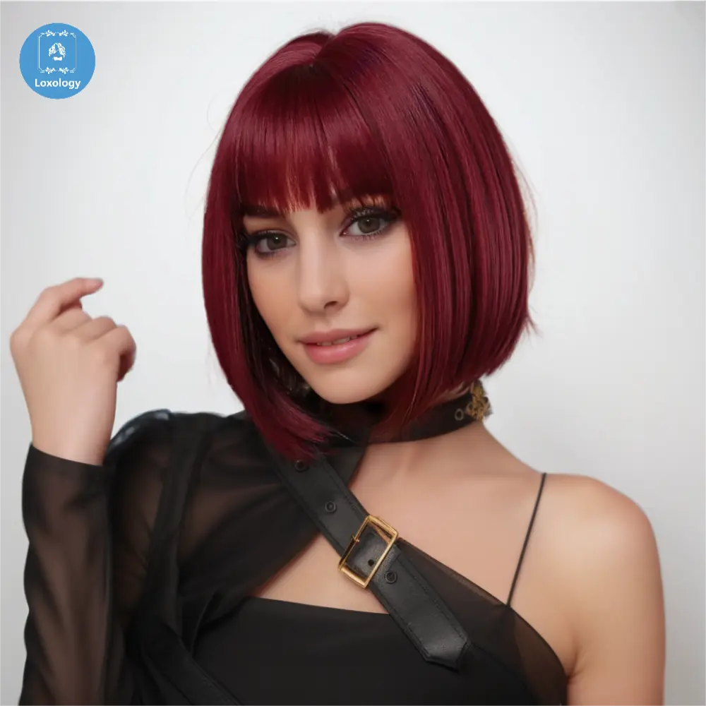 【Livia】Loxology | 12 Inches Short Straight Wine Red Bobo Wigs Synthetic Fiber Wigs Women's Wigs Daily Use