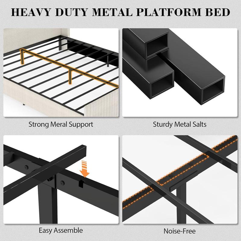 Queen Size Upholstered Bed Frame, Soft Corduroy Platform Bed with 47" Luxury Wingback Headboard, Solid Steel Slats Support, No Box Spring Needed, Noise Free, Easy Assembly, Cream