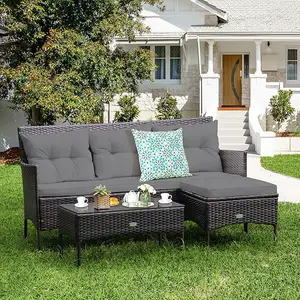 COSTWAY 3 Pieces Outdoor Rattan Conversation Set Patio Furniture Set with Tempered Glass Coffee Table, 5 Elastic Seat & Back Cushions, Sectional Sofa Set for Poolside Balcony Backyard- COSTST
