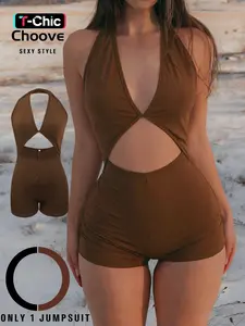 Summer Women's Halter Neck Backless Cut Out Casual Fitted Jumpsuit Shorts, High Stretch Fabric, Sexy Sleeveless Design, Plain Pattern, Perfect for Casual Wear